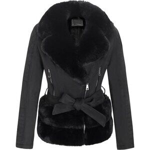 Women Faux Suede Leather Jacket Moto Biker Coat Sherpa-Lined Detachable Belt